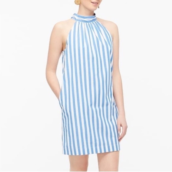 J.Crew Blue White Striped Mini Halter Cotton Shift Dress Women’s Size 6 - Picture 1 of 8
